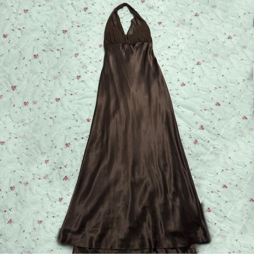 Vintage Brown Satin Halter Formal Dress